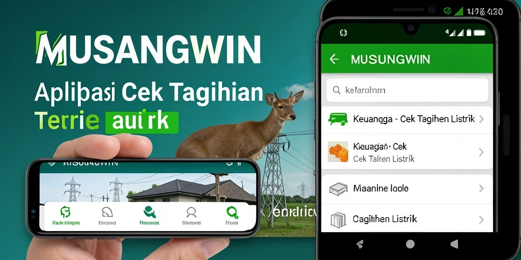 Antarmuka aplikasi MUSANGWIN dengan fitur cek tagihan listrik.